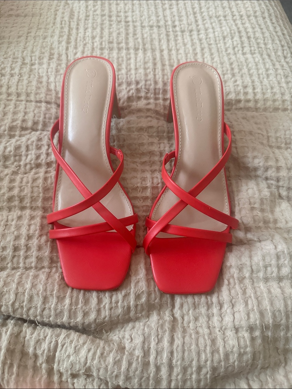 Red Strappy Square-Toe Heeled Sandals